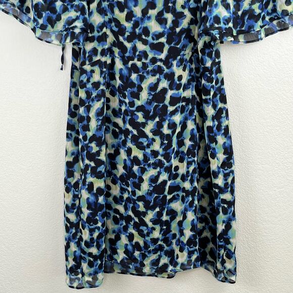 Topshop Frill Bardot Tie Off Shoulder Blue Leopard Animal Mini Dress 14 NWT - Picture 7 of 13